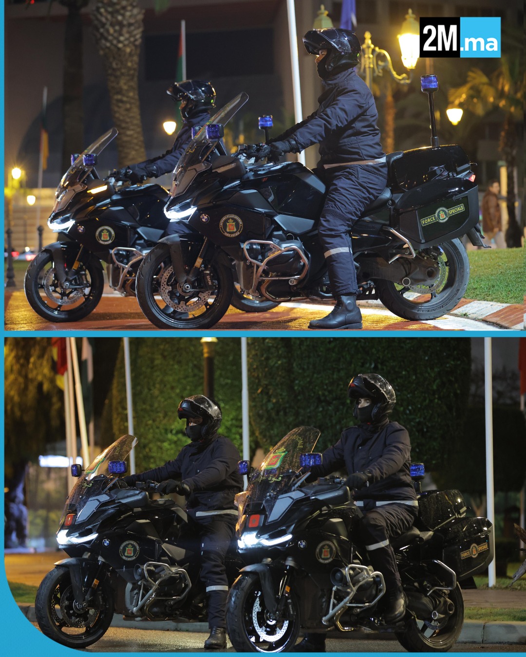 كوكبات من دراجي القوات الخاصة تشارك في منظومة الأمن الخاصة بتأمين منافسات كأس أمم إفريقيا.. وتم تجهيز هذه الفرق الخاصة بدراجات نارية ذات قوة دفع كبيرة، بالعديد من المناطق الحضرية، وذلك لتمكينها من التنقل بسرعة في مختلف الوضعيات الأمنية، والسماح لها بالتدخل العاجل بما يضمن الاستجابة الأمنية الفورية.. DGSN_MAROC 