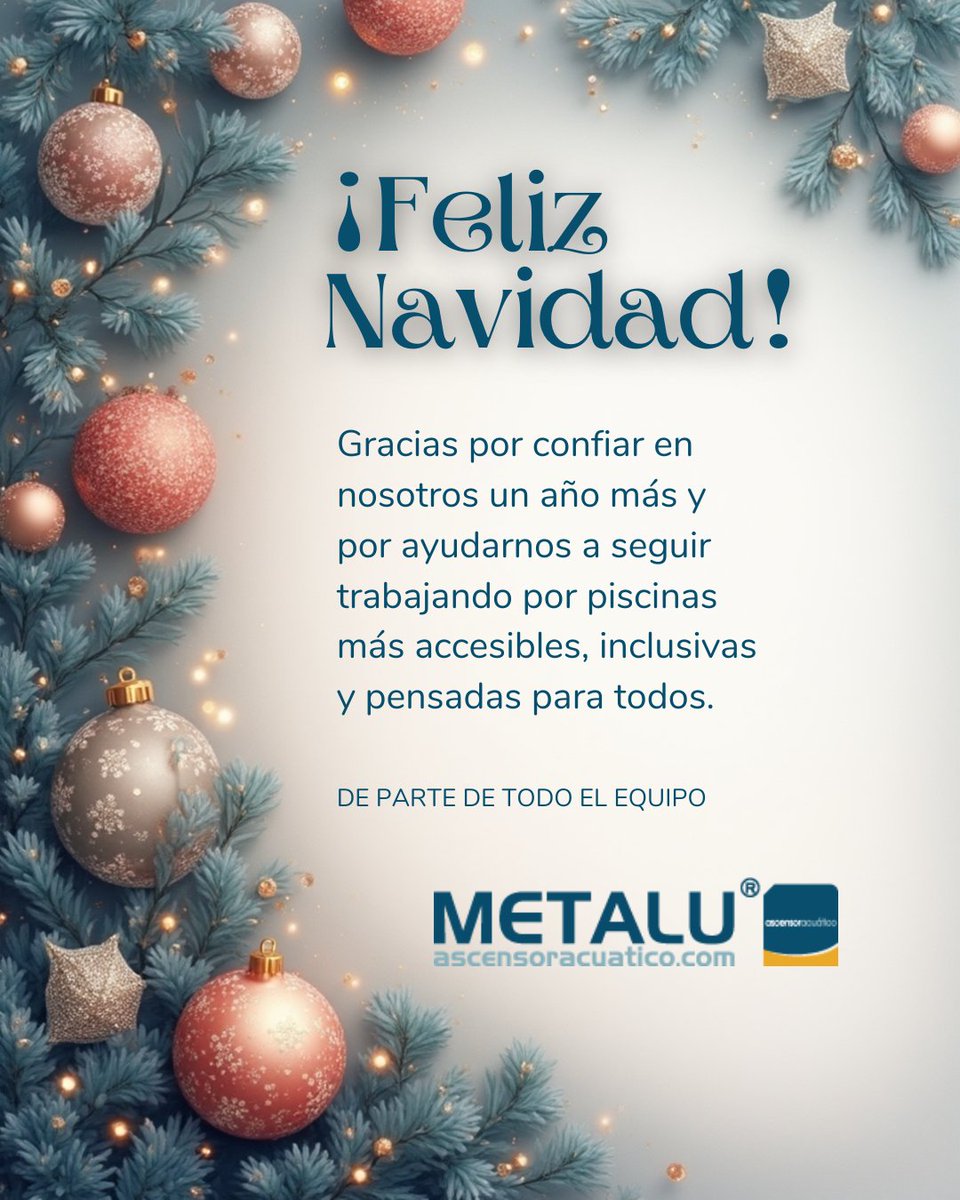 Desde METALU queremos desearos unas fiestas llenas de salud, tranquilidad y buenos momentos.

Gracias por confiar en nosotros un año más y por ayudarnos a seguir trabajando por piscinas más accesibles, inclusivas y pensadas para todos.

✨ ¡Felices Fiestas!