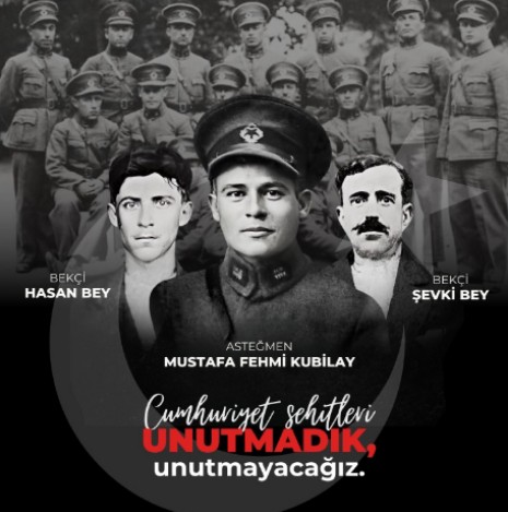 İzmir Menemen'de 23 Aralık 1930 da,
gerici, yobaz zihniyetlerce alçAKça katledilen devrim şehitlerimiz; Asteğmen Mustafa Fehmi #Kubilay,Bekçi #Hasan bey  ve #Şevki  bey'i Rahmet ve Saygıyla anıyorum ..
Ruhları Şad olsun 🙏