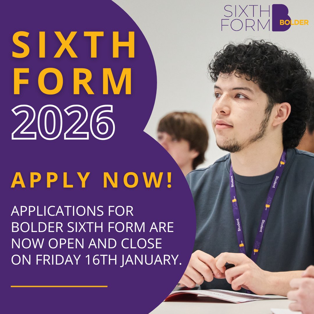 Your voice matters at Bolder.

Sixth Form students play leading roles as Head Students, Wellbeing Leads and society organisers &mdash; shaping school life and driving real change.
Ready to lead?

Apply now &mdash; applications close Friday 16th January.

 bolderacademy.co.uk Image