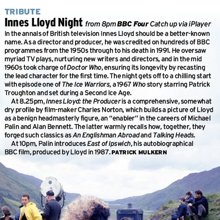 BraxM's tweet image. An evening of programmes celebrates producer Innes Lloyd on BBC Four tonight from 8pm, including a 1967 #DoctorWho, a feature-length profile and Michael Palin introducing East of Ipswich. @RadioTimes @PatrickMulkern