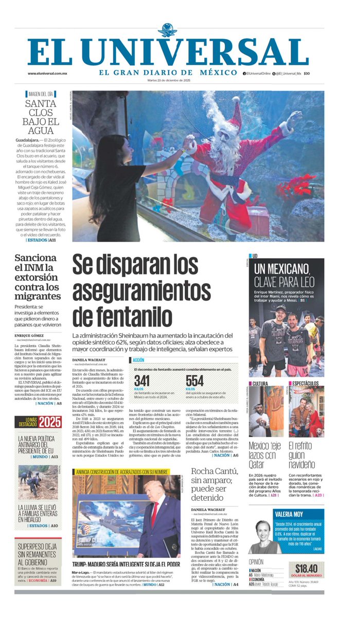El_Universal_Mx's tweet photo. ¡Buenos días, lectores! Iniciamos la jornada informativa con la portada de EL UNIVERSAL y sus secciones este 23 de diciembre https://t.co/Z1NMhjlzXI https://t.co/JPZFsLd2qc