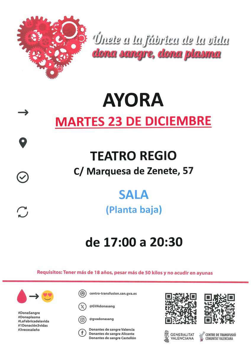 Dona sangre en #Ayora
📅martes #23diciembre
Tu donación es la única alternativa para que los pacientes puedan recibir su tratamiento.

👉En #Navidad regala lo que realmente importa.
#DonaSangre #DonaPlasma
Únete a #LaFábricaDeLaVida❤
