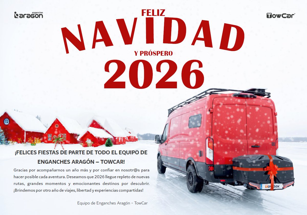 🎄✨ ¡Felices fiestas de parte de todo el equipo de Enganches Aragón-TowCar!
Gracias por acompañarnos un año más y por confiar en nosotros. Os deseamos una Feliz Navidad y un 2026 lleno de rutas, viajes y grandes aventuras 🚗🥂