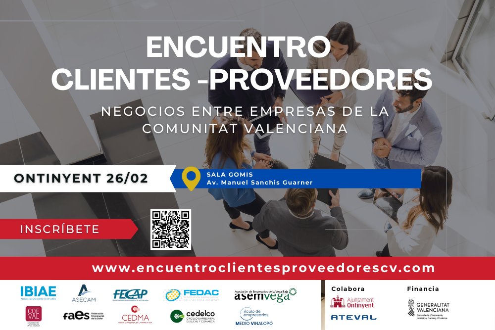 🤝Encuentro clientes proveedores de la Comunidad Valenciana, 26 de febrero en #Ontinyent.

Este evento reunirá a potenciales clientes y proveedores para impulsar nuevas oportunidades de negocio.

➕Información: ceeialcoi.emprenemjunts.es/?op=14&n=25879
