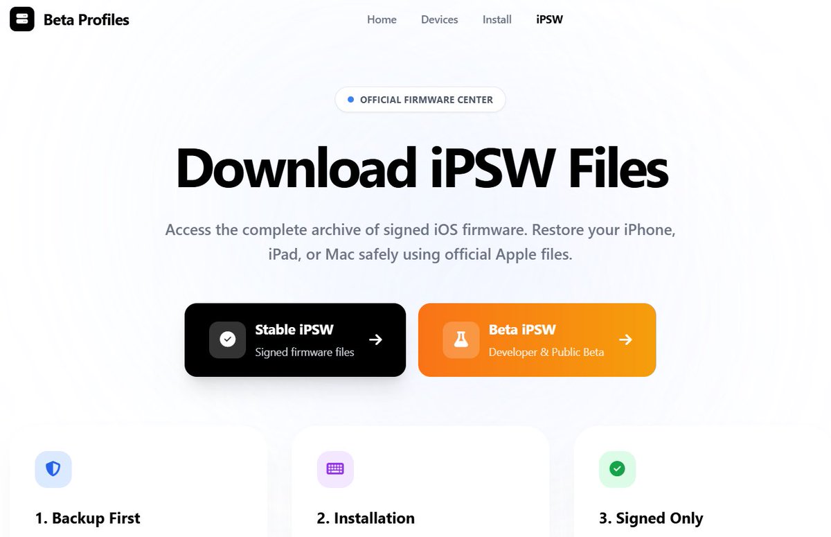 🚨 Beta IPSWs are now LIVE!

You can now download iOS &amp; iPadOS Beta IPSW files directly from our IPSW page.

📥 Stable + Beta, all in one place:

👉 betaprofile.dev/ipsw/