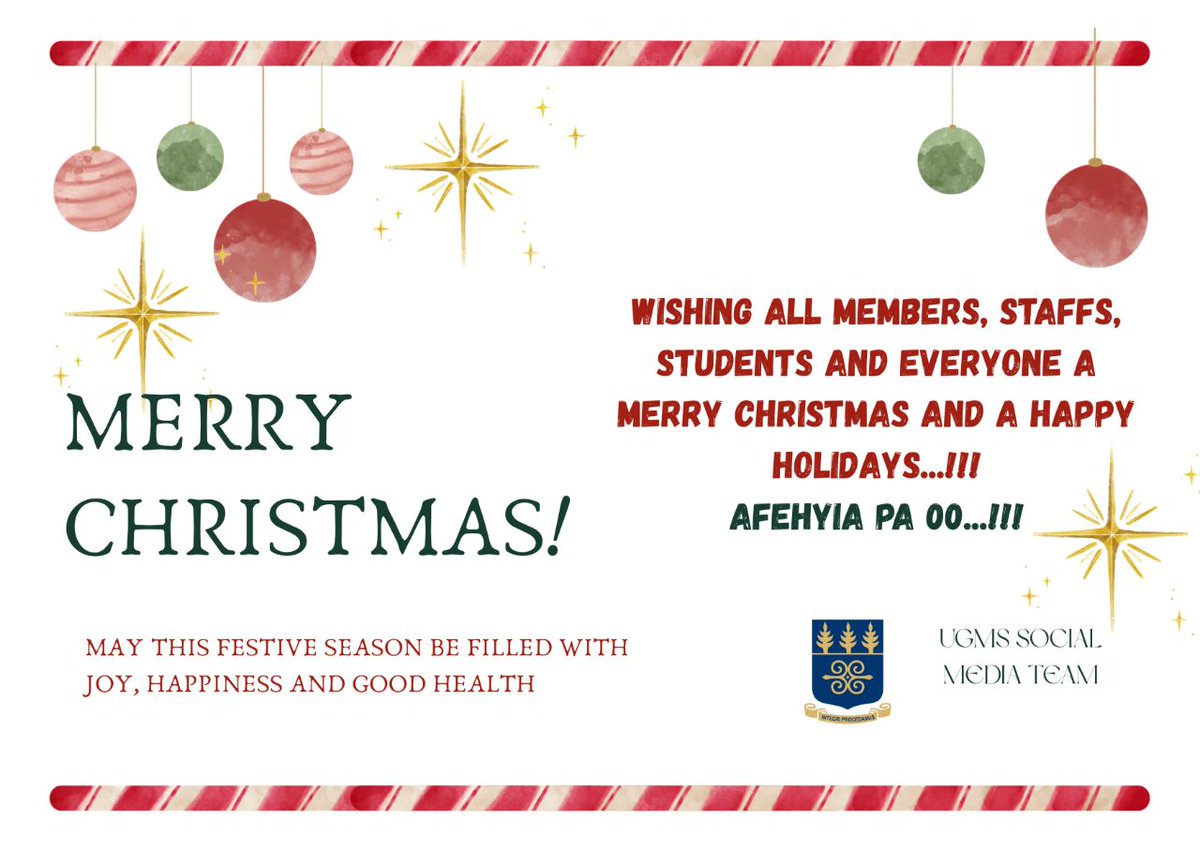 ugmssocial's tweet photo. Season's greetings from the University of Ghana Medical School.Wishing our Community a Merry Christmas and a Prosperous New Year❤🙏
#ugms #ugmsa https://t.co/UWiHjyGfV4