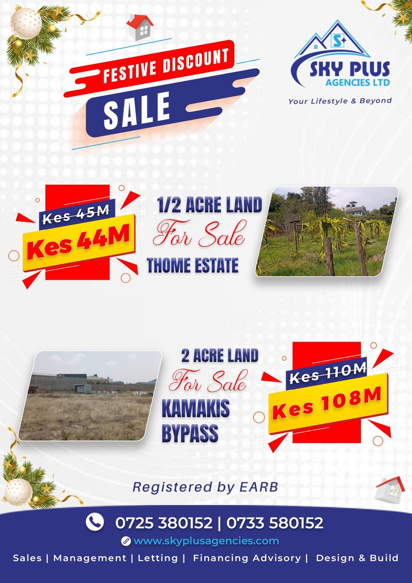 SkyplusSky's tweet image. Celebrate the season with unbeatable land offers. Now is the perfect time to invest.

Visit skyplusagencies.com your trusted partner in building a future beyond expectations.
  
Call - 0725380152/0733580152

 #Realestate #PrimeInvestment #plots #landforsale #forsale