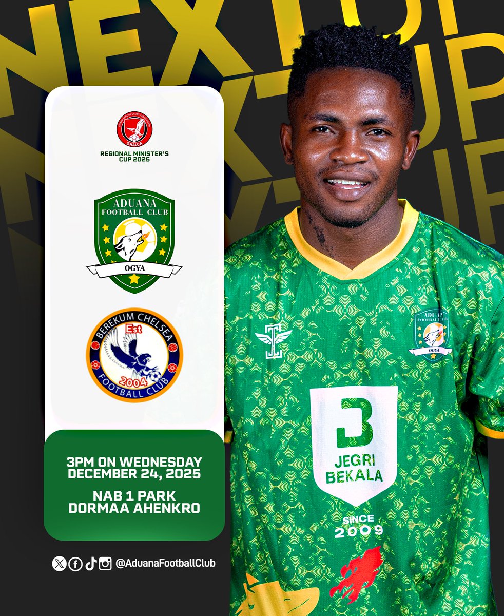 Up Next 🔜: Bono Derby loading! 🔥

Aduana FC 🆚 Berekum Chelsea
🏆 Regional Minister’s Cup
🕒 3PM | Wednesday, Dec 24, 2025
📍 NAB 1 Park, Dormaa Ahenkro

|| #Ogya || #AduanaFC 🔥🐕