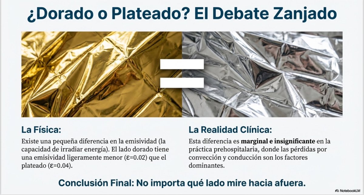 Pues bien, la evidencia nos dice que la reflectividad no difiere apenas entre los 2 lados.

La emisividad del lado dorado es la mitad del plateado (ε=0,02 vs 0,04).

La diferencia en la emisividad tiene una importancia marginal, cuando la pérdida es por conducción y convección.