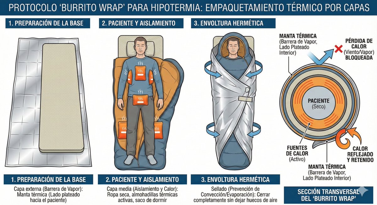 La mejor manera de aislar y evitar la pérdida de calor de un paciente, es hacer un empaquetamiento térmico por capas.

O lo que se conoce como "Burrito wrap".

Fuente calor activo, capas aislantes y sellado exterior con manta térmica.