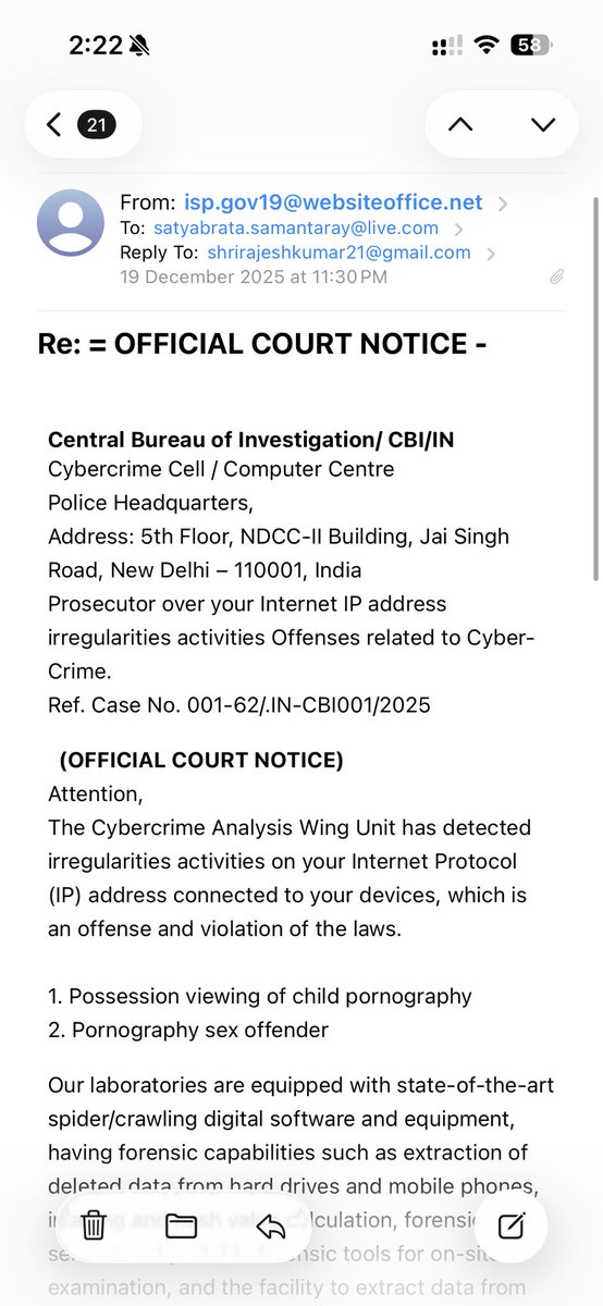 samantaray_s's tweet photo. @DelhiPolice @CBIHeadquarter
Need your input on this email received today. Seems like fake email. Can you please confirm. https://t.co/f1Iq60K4am