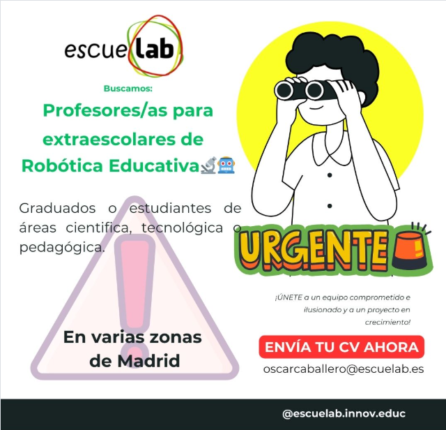 HispaRob's tweet image. 👩‍🔬🤖Desde @EscuelabMadrid están buscando profesoras y profesores para extraescolares de Robótica Educativa en Madrid hisparob.es/empleo/