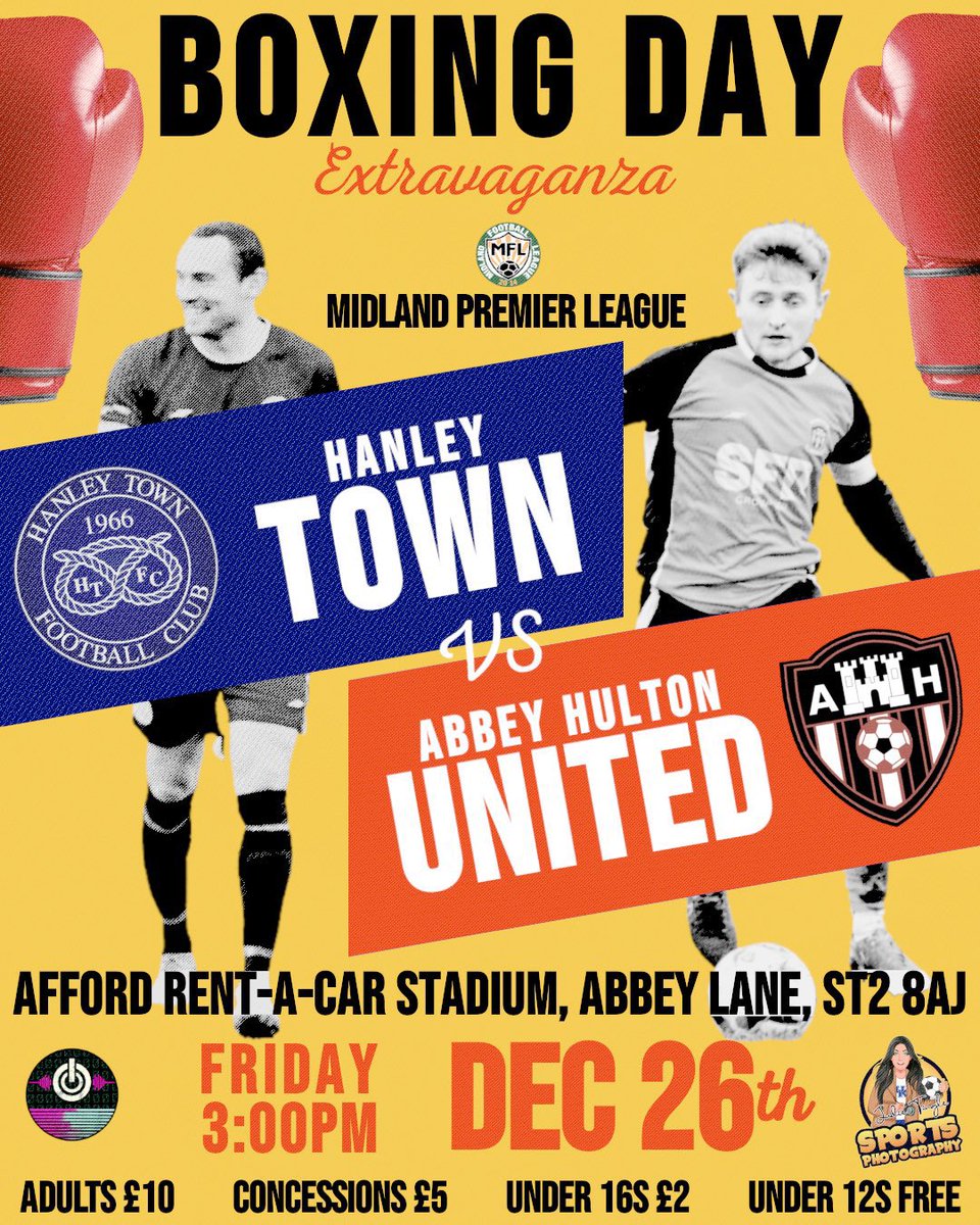 NEXT UP 🟠⚫️

Nothing better than a local derby on Boxing Day. Sure to be another Xmas Cracker this game is.

So please come along and support the lads 🧡🖤
 
🆚 <a href="/HanleyTown66/">Hanley Town Football Club</a> 
🏟 Afford Rent-a-Car Stadium 
⏰️ 3PM Kick Off 
🎟 Admission £10.00,Concession £6.00, U16s £2 
🍔🍟🍺