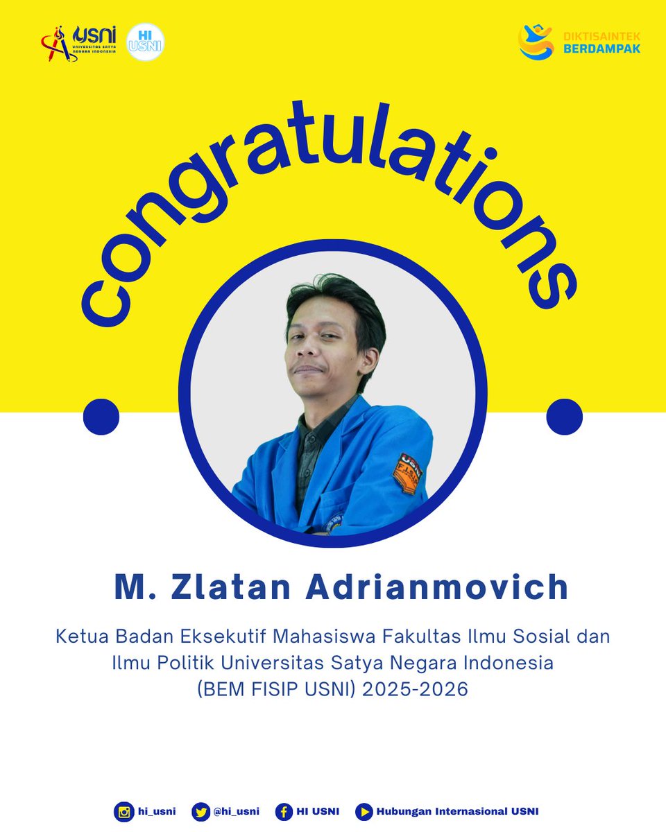 hi_usni's tweet photo. Program Studi Ilmu Hubungan Internasional @usniofficial mengucapkan selamat atas terpilihnya Mochammad Zlatan Adrianmovich sebagai Ketua Badan Eksekutif Mahasiswa Fakultas Ilmu Sosial dan Ilmu Politik Universitas Satya Negara Indonesia (BEM FISIP USNI) periode 2025-2026.

#hiusni https://t.co/zNNHYZpSDX