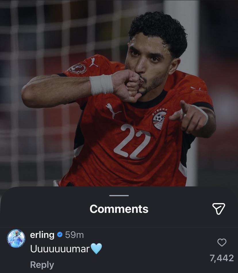 هالاند يفاجئ صلاح ومرموش بعد مباراة مصر وزيمبابوي. علق هالاند على منشور محمد صلاح رفقة مرموش عبر "إنستجرام" قائلًا: "سلام يا إخوة ". ودعم هالاند زميله مرموش في مانشستر سيتي أيضًا بطريقة طريفة، حيث علق على منشوره قائلًا: "عمرررررر " 