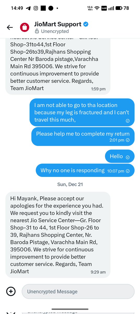 leoboy3009's tweet photo. @JioMart_Support After too many requests for return and refund you guys weren't able to complete my return request and now you are asking to visit service centre? How a service centre provide refund? And because of ny accident i am not able to go to your provided address thats why requesting for https://t.co/XQBuslB6w5