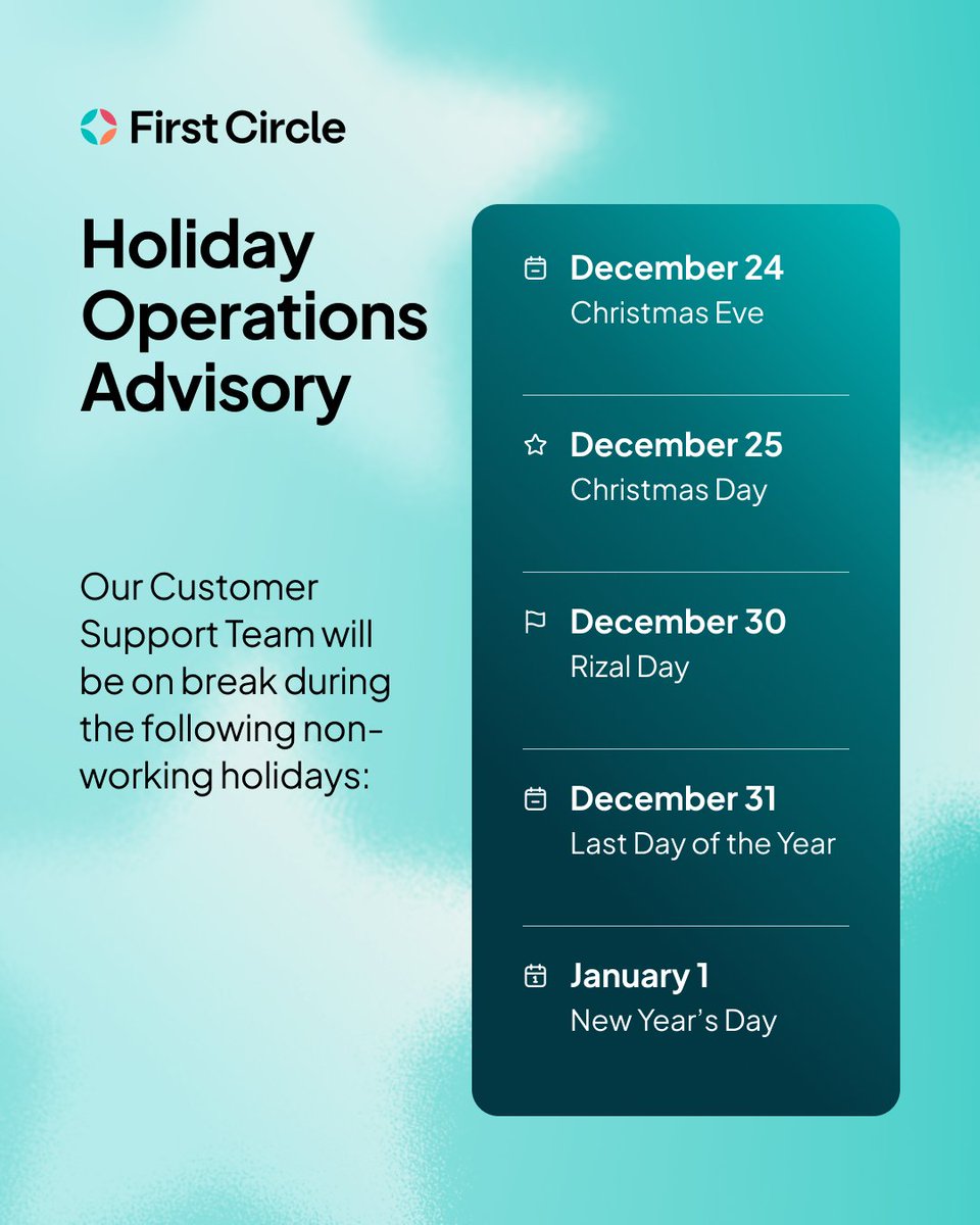 Holiday Advisory: First Circle's Customer Support Team will be taking a break over the following regular holidays. For the meantime, you may still send inquiries at support@firstcircle.com, or create an account to apply for our products at hubs.li/Q03Yf-n_0.

First Circle