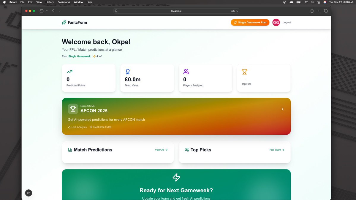 iam_the_code's tweet image. Fantaform is live 🚀

Submit your team and get AI-powered FPL recommendations using real-time data.
Premier League match predictions + AFCON bonus ⚽️

Live today more leagues coming soon.
Try it fpl-prediction.xyz

DMs open for feedback or issues.