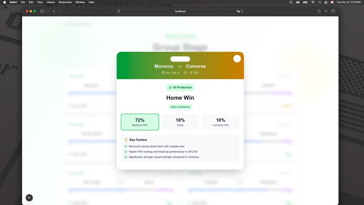 iam_the_code's tweet image. Fantaform is live 🚀

Submit your team and get AI-powered FPL recommendations using real-time data.
Premier League match predictions + AFCON bonus ⚽️

Live today more leagues coming soon.
Try it fpl-prediction.xyz

DMs open for feedback or issues.
