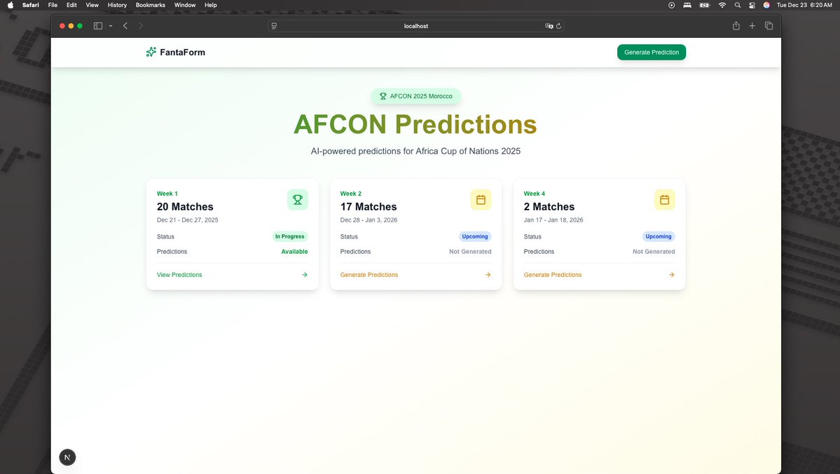 iam_the_code's tweet image. Fantaform is live 🚀

Submit your team and get AI-powered FPL recommendations using real-time data.
Premier League match predictions + AFCON bonus ⚽️

Live today more leagues coming soon.
Try it fpl-prediction.xyz

DMs open for feedback or issues.