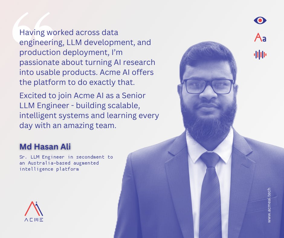 AcmeAIx's tweet photo. We’re thrilled to welcome Hasan to the team as our new Sr. #LLM Engineer! 🚀

A #SUSTian with backgrounds at WSD and Brain Station 23, Hasan brings deep expertise in #RAG systems, #synthetic data, and #healthcare automation to @AcmeAIx.

Excited to have your skills on board! https://t.co/8fKXEbIJAg