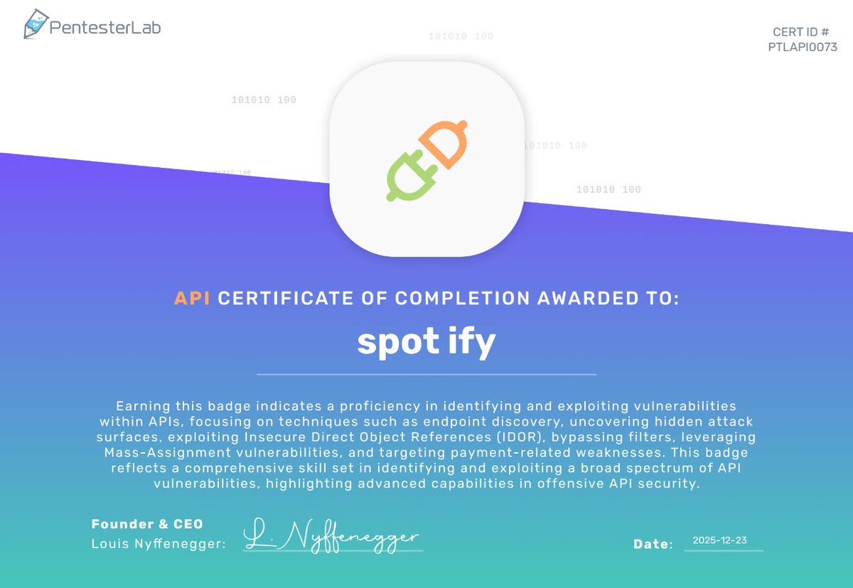 iamspotify's tweet photo. I just completed @Pentesterlab's API Badge!!! https://t.co/d8pAUn7RdL
