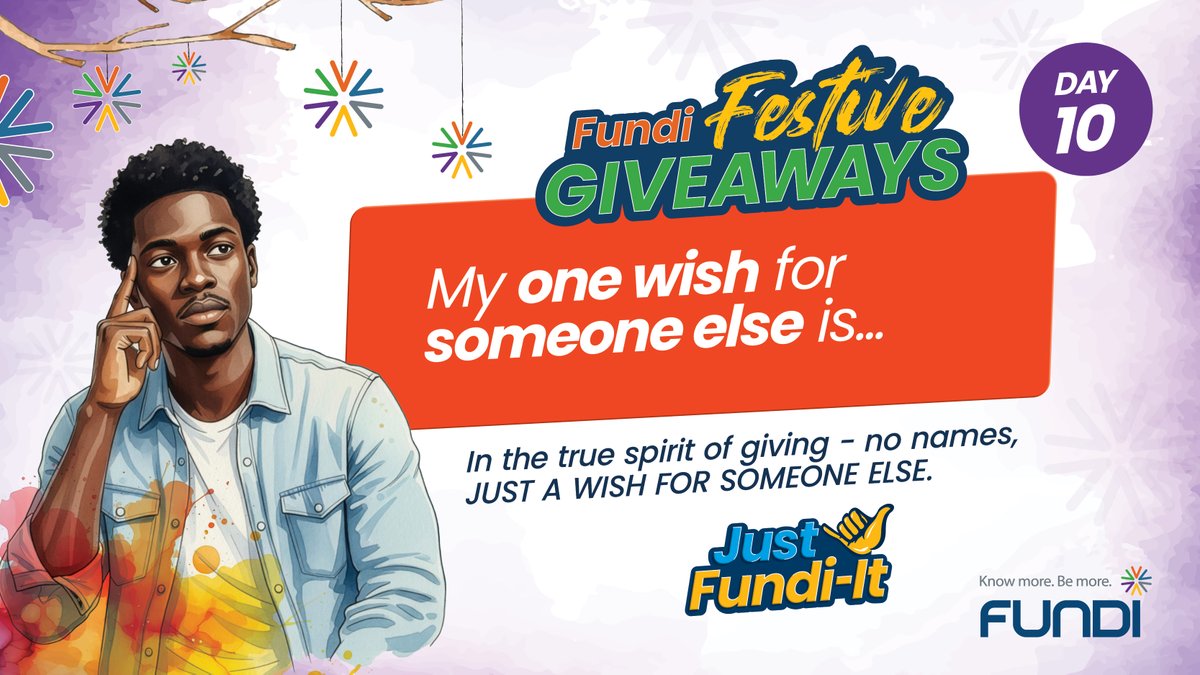 In the true spirit of giving 🎁 — no names, just a heartfelt wish.

Tell us about your wish for someone who truly deserves a festive treat ✨
Use #FundiFestive and they could be gifted a R1000 grocery voucher 🛒💸
Ts &amp; Cs apply.
#FundiFestive
#FundiFestiveGiveaways