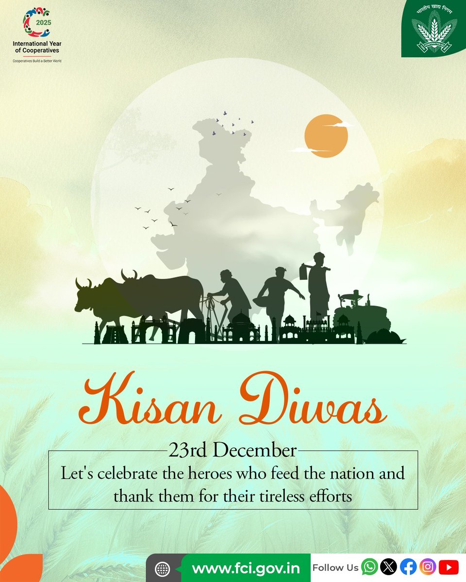 Today, FCI honours and celebrates the farmers of the nation, expressing heartfelt gratitude for their dedication and invaluable contribution to India’s food security.

#KisanDiwas #NationalFarmersDay #India