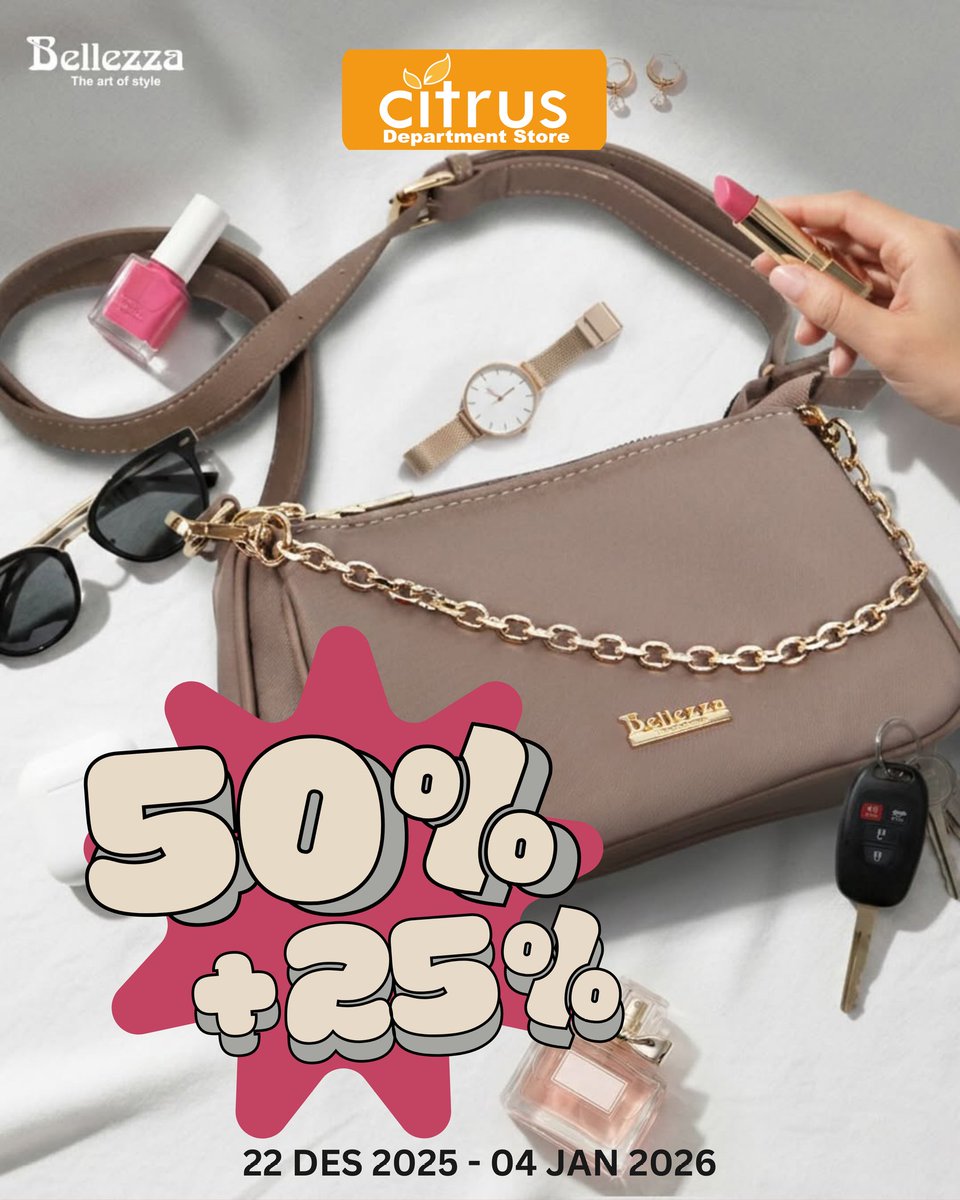 Diskon akhir tahun makin sayang dilewatkan ✨
Bellezza favoritmu kini 50% + 25% OFF
Waktunya upgrade style sebelum tahun berganti! 
📍 Citrus Dept Store Botani Square Mall
📅 22 – 4 Jan 2026
#CitrusDeptStore #Bellezza #EndYearSale #PromoCitrus #BotaniSquareMall #shopping