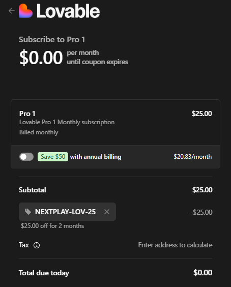 keerth03's tweet photo. Lovable AI currently gives 2 months of Pro free if you know the flow.
Not an ad โ just sharing what worked for me ๐
โข Go to https://t.co/aqdOLx5z0x
โข Upgrade to Pro
โข Apply code: NEXTPLAY-LOV-25
โข Add a card & subscribe
#LovableAI #AItools #WebDev #Frontend #SaaS #Freebies https://t.co/V4gZVJlGcu
