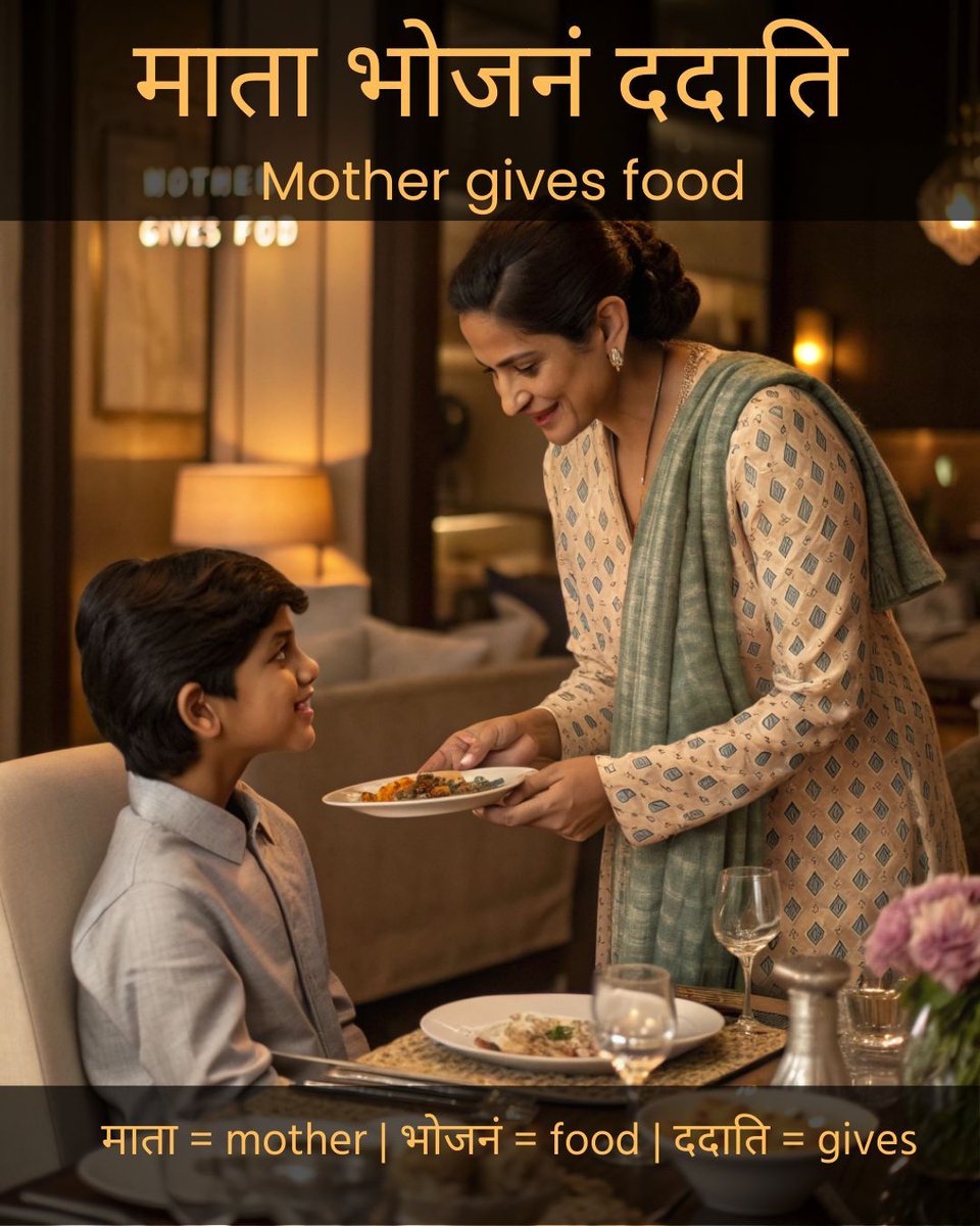 easy_sanskrit's tweet image. Mother gives food — माता भोजनं ददाति 

माता — mother

भोजनं — food

ददाति — gives 

#Sanskrit