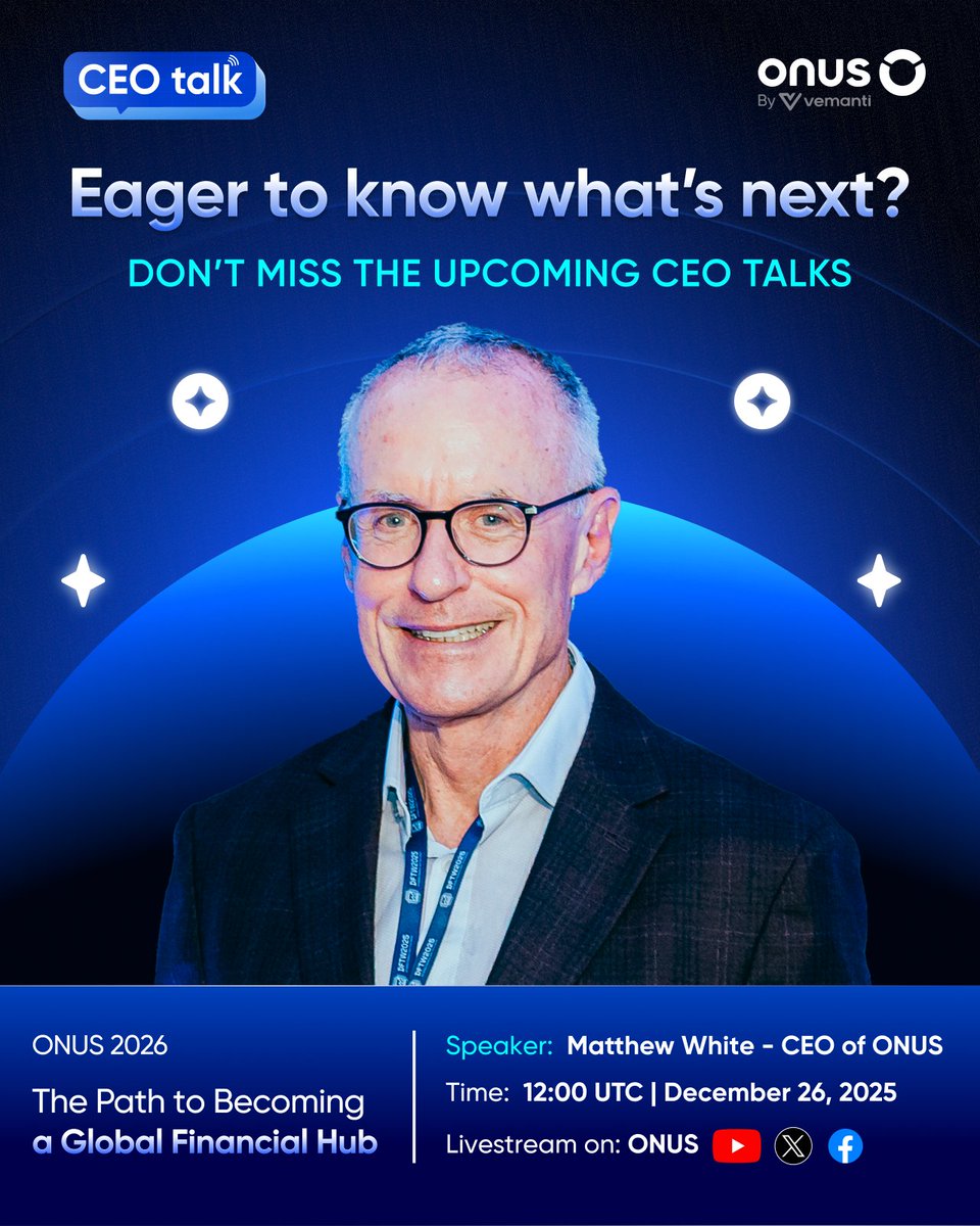 ONUSFinance's tweet photo. 🎙️ What’s coming up in our next CEO Talks?

✨ A closer look at ONUS’s development orientation toward 2026
✨ How the ONUS financial ecosystem and product roadmap are taking shape
✨ And 10 vouchers worth 50 USDT will be randomly gifted during the livestream 

If you’ve ever wondered what the next chapter of ONUS looks like, this is the conversation you don’t want to miss. Join Matthew White, CEO of ONUS, for a live discussion where your questions will be answered directly:

🎙️ CEO Talks | ONUS 2026 – The Path to Becoming a Global Financial Hub
📍 Time: 12h00 (UTC), 26th December 2025
📍 Livestream on: Facebook, X, and YouTube

Save the date!
