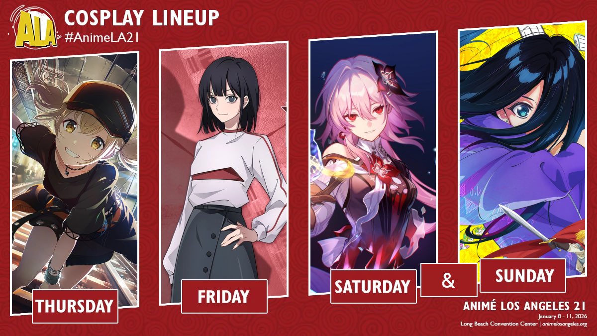 okitastic's tweet image. (Blows dust off of Twitter) hii is me… Ala2026 plans!! Unsure when I’ll be evernight and natsuko on sun and sat so I edited the lineup like that!! ALSO first year with ribbons!!! Very excited 🥹❤️