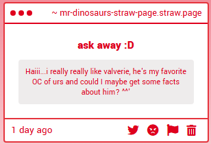 > he 👀 has drakobloxxer ancestors but he isn't quite a drakobloxxer, he's mostly a big red dinosaur

> hmm a few are valverie likes to let his hair grow around winter to stay warm, his favorite color is dark red and he likes to wear long skirts

mr-dinosaurs-straw-page.straw.page
