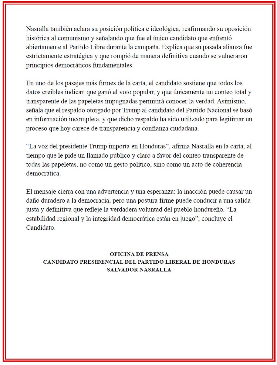 Honduras merece un conteo claro, transparente y completo.
Hay miles de urnas con inconsistencias — fallas de biometría, una cantidad de votos nulos superior a la diferencia entre los candidatos, y actas sin cuadernillo que las sustente— que deben pasar a escrutinio especial, como