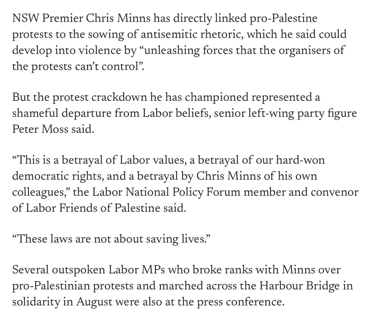 .<a href="/ChrisMinnsMP/">Chris Minns</a> protest crackdown betrays Labor values, our hard-won rights &amp; his own colleagues, said <a href="/labor_palestine/">Labor Friends of Palestine NSW</a> co-convenor <a href="/petemoss_au/">Peter Moss</a>
