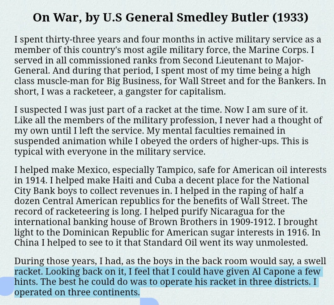BenjaminNorton's tweet photo. That's called theft. That's called piracy.

Trump admitted that the US is a rogue regime run by pirates who steal the oil and ships of other countries.

It reminds me of this quote by US General Smedley Butler, speaking frankly about the unparalleled criminality of the US empire. https://t.co/ENMOvt8bmQ
