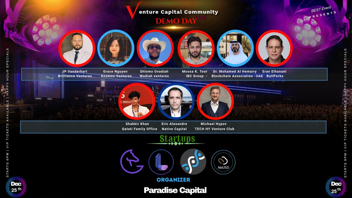 ⚠️ ⁧Ladies and gentlemen, welcome to VCC Demo Day (Christmas Edition)

🟢 (VCs, Investors, Accelerators, Launchpad...)

⚫️<a href="/Excalander/">Eric Alexandre</a> Founding Member of Native Capital  
⚫️<a href="/tier1listings/">GetListed</a>  Partner Brilliance Ventures 
⚫️<a href="/SOvadiah/">Shlomo Ovadiah</a> Managing Partner Wadiah ventures 
⚫️<a href="/findyourgrace/">Grace Nguyen</a>