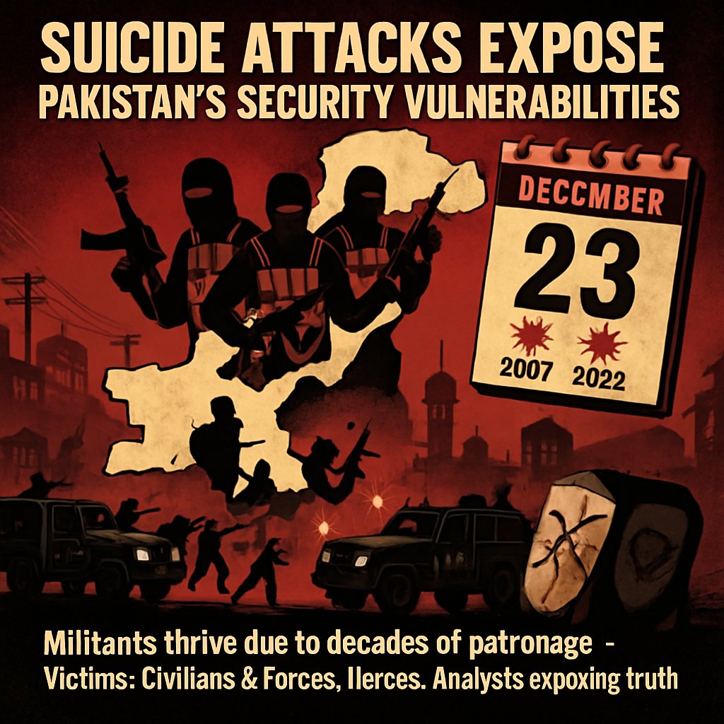 yafir136255's tweet image. Suicide attacks on Dec 23 expose Pakistan security rot: 2007 Swat convoy blast kills 7; 2022 Islamabad strike downs cop. State-patronized militants now bite back. Victims bleed while intel fails
#FaildStatePakistan #PakistanInsecurity #PakistanUnstable #ExposingPakistanTerrorism