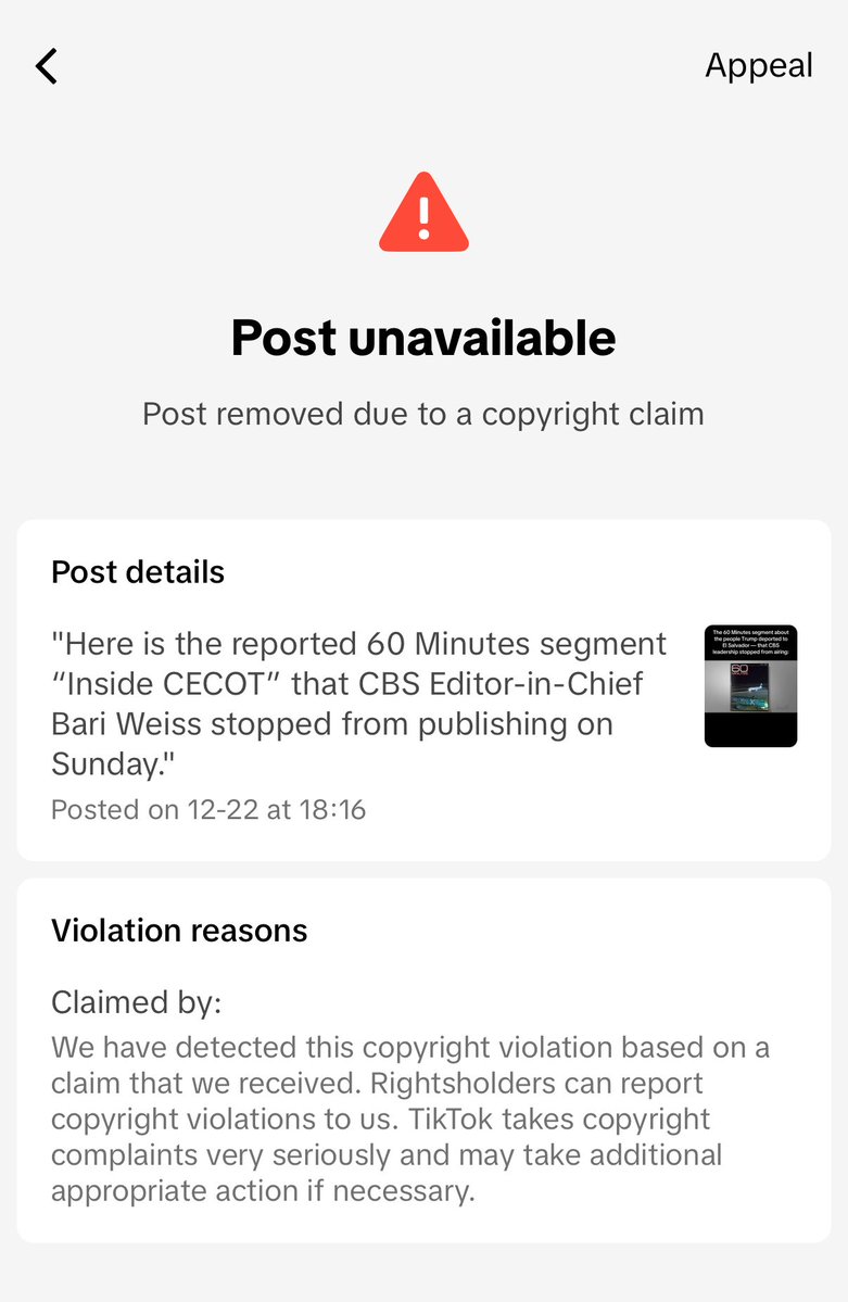 prem_thakker's tweet image. TikTok is removing clips of the leaked 60 Minutes segment.

The Ellison family (which acquired Paramount — CBS’s parent company — and The Free Press, making Bari Weiss Editor-in-Chief of CBS) is set to co-own TikTok through a Trump-backed deal.