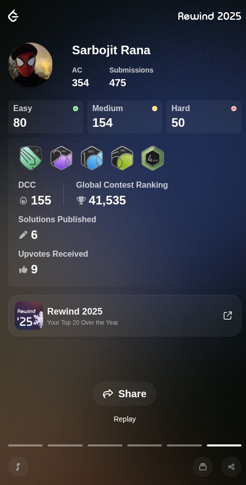 sarbojitrana's tweet image. #LeetCode #LeetCodeRewind

leetcode.com/rewind/2025/?s…