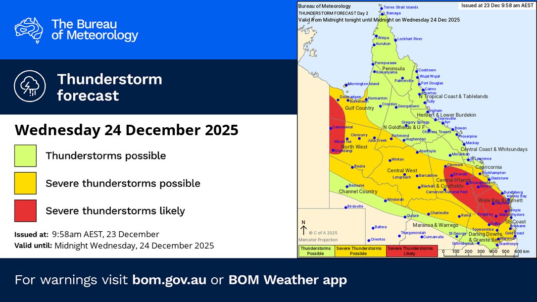 ⛈️Queensland Thunderstorm Forecast - 24 Dec 

🟥Severe storms with heavy rain are likely in the far northwest and between Clermont and the Sunshine Coast

🟨Severe storms with heavy rain possible from NW to SEQld.

🟩Non-severe thunderstorms elsewhere

bom.gov.au/location/austr…