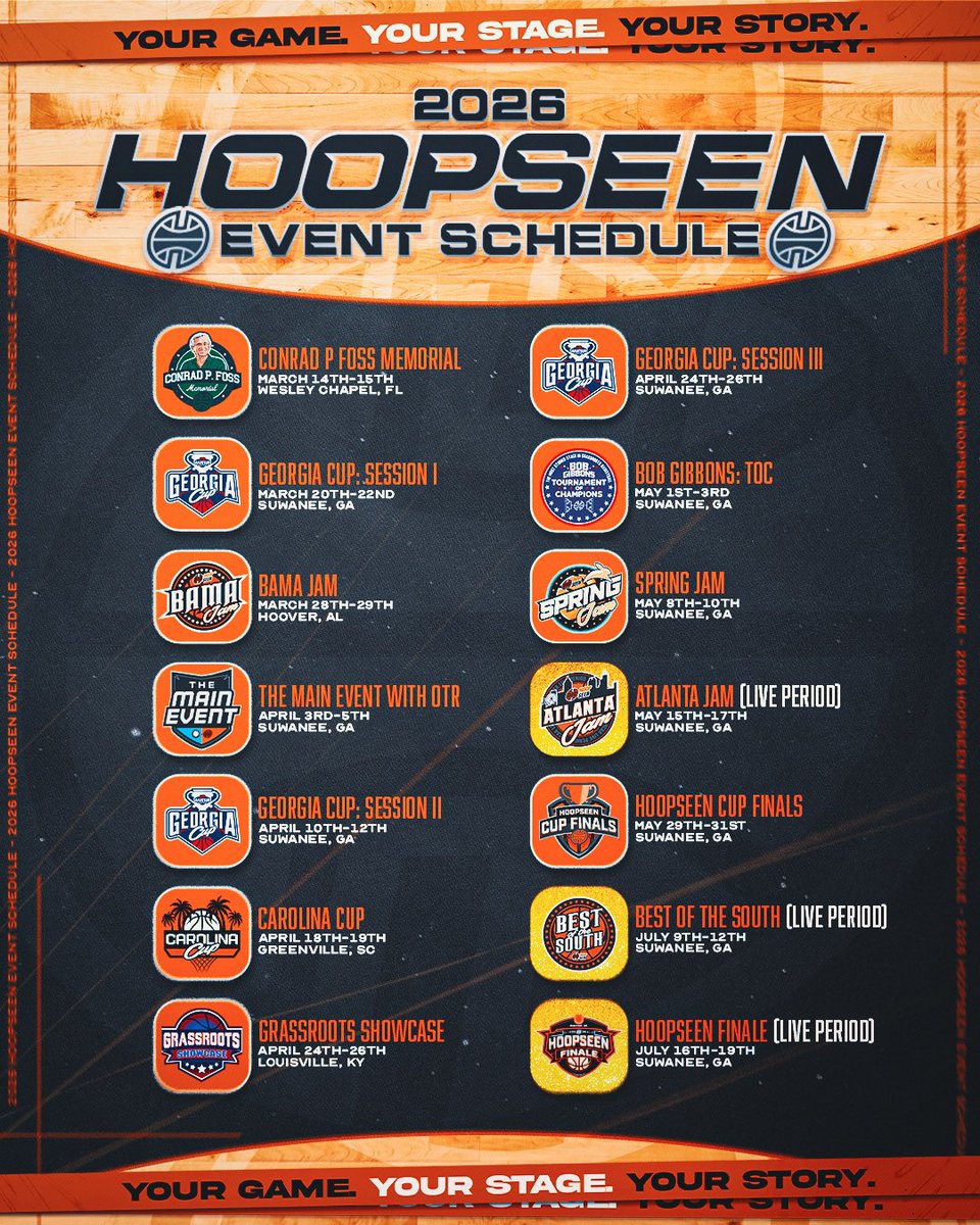 hoopseen's tweet image. Our 2026 Schedule Features...

▶️ New and Improved Cup Circuit
▶️ Legendary Jam Series
▶️ 3 Elite Live Period Events
▶️ Partnered Events across the Country
▶️ Leveled Up HoopSeen Association 

Learn More: hoopseen.com/news/general/2…