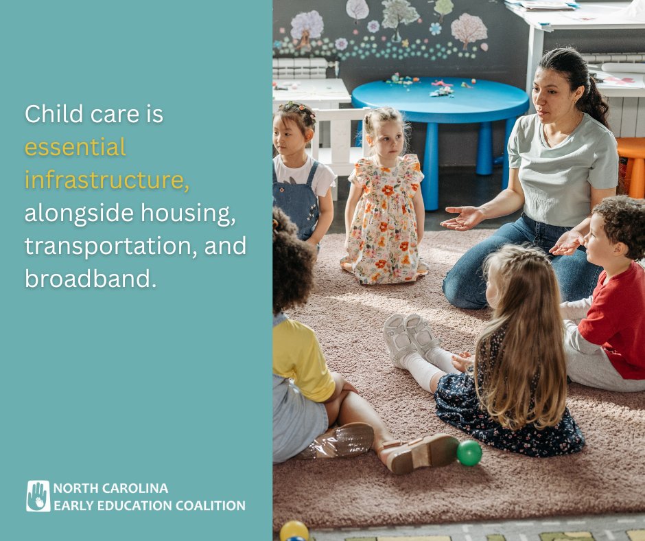 Child care is essential infrastructure, alongside housing, transportation, &amp; broadband.

Strong child care systems build strong businesses — &amp; stronger communities.

ncchildcarepolicytoolkit.org - speak up to policymakers
ncearlyeducationcoalition.org - join the coalition &amp; advocate with us
