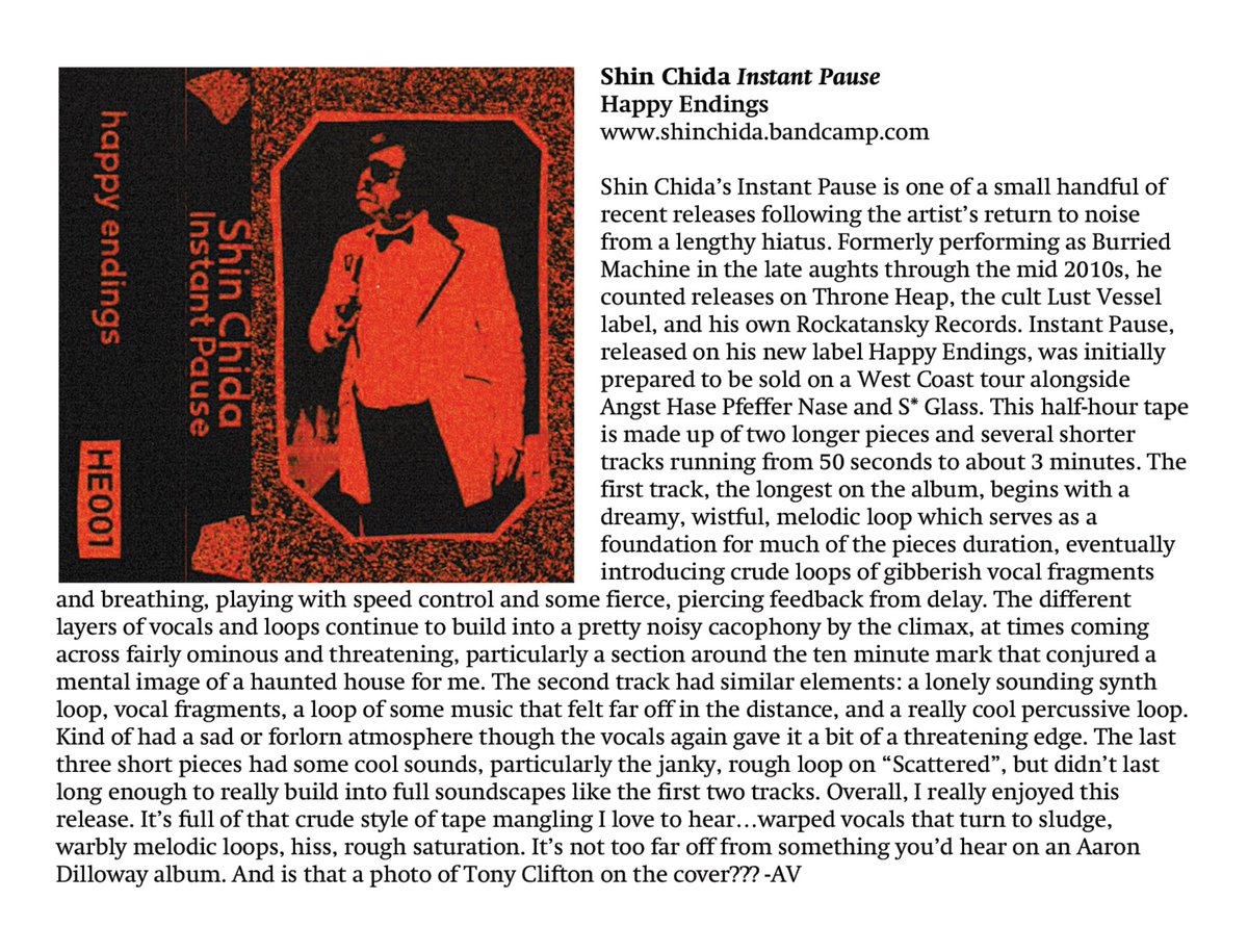 rockatanskyrec's tweet photo. I got a nice review of Instant Pause CS on latest Rocker issue 12.

Check this out!

And still some copies left on my Bandcamp!

https://t.co/BOjfdk4f3O

#shinchida 
#burriedmachine 
#noise 
#noisemusic
#tape
#tapeloop 
#tapemusic
#tapemanipulation
#industrial 
#industrialnoise https://t.co/7tJBEi5KHS