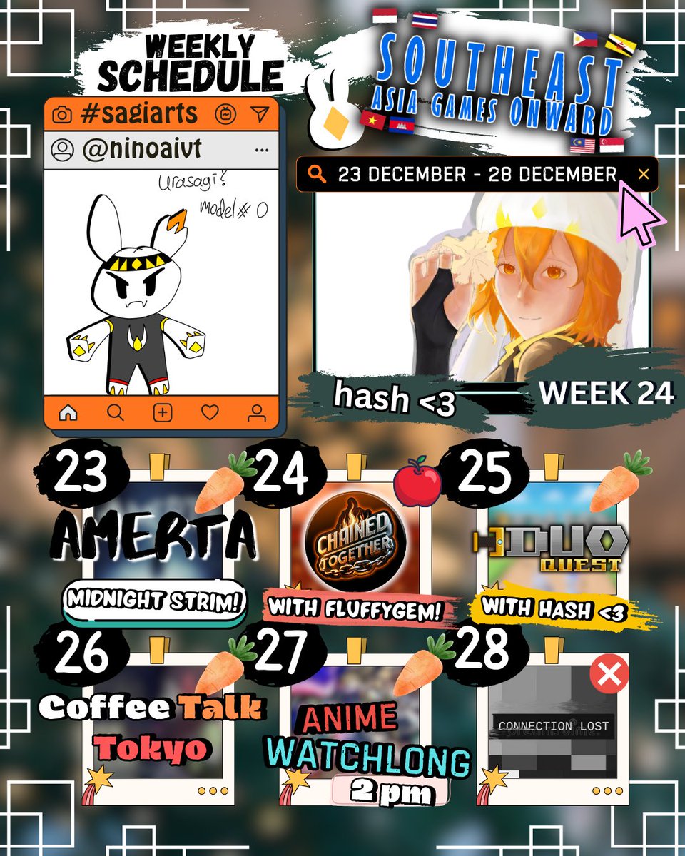 ˗ˏˋ ꒰ WEEKLY SCHEDULE W24 ꒱ ˎˊ˗
「23th dec / 28th dec 25」
────୨ৎ────
Victims » #urasagi / #urasagis
Arts » #sagiarts
Live » #AiNinoLive
Clips » #uraclips
Memes » #uramemes
────୨ৎ────
Twitch ➶ twitch.tv/ninoaivt
YT ➶ youtube.com/@NinoAiVT 

#SEAGO2025