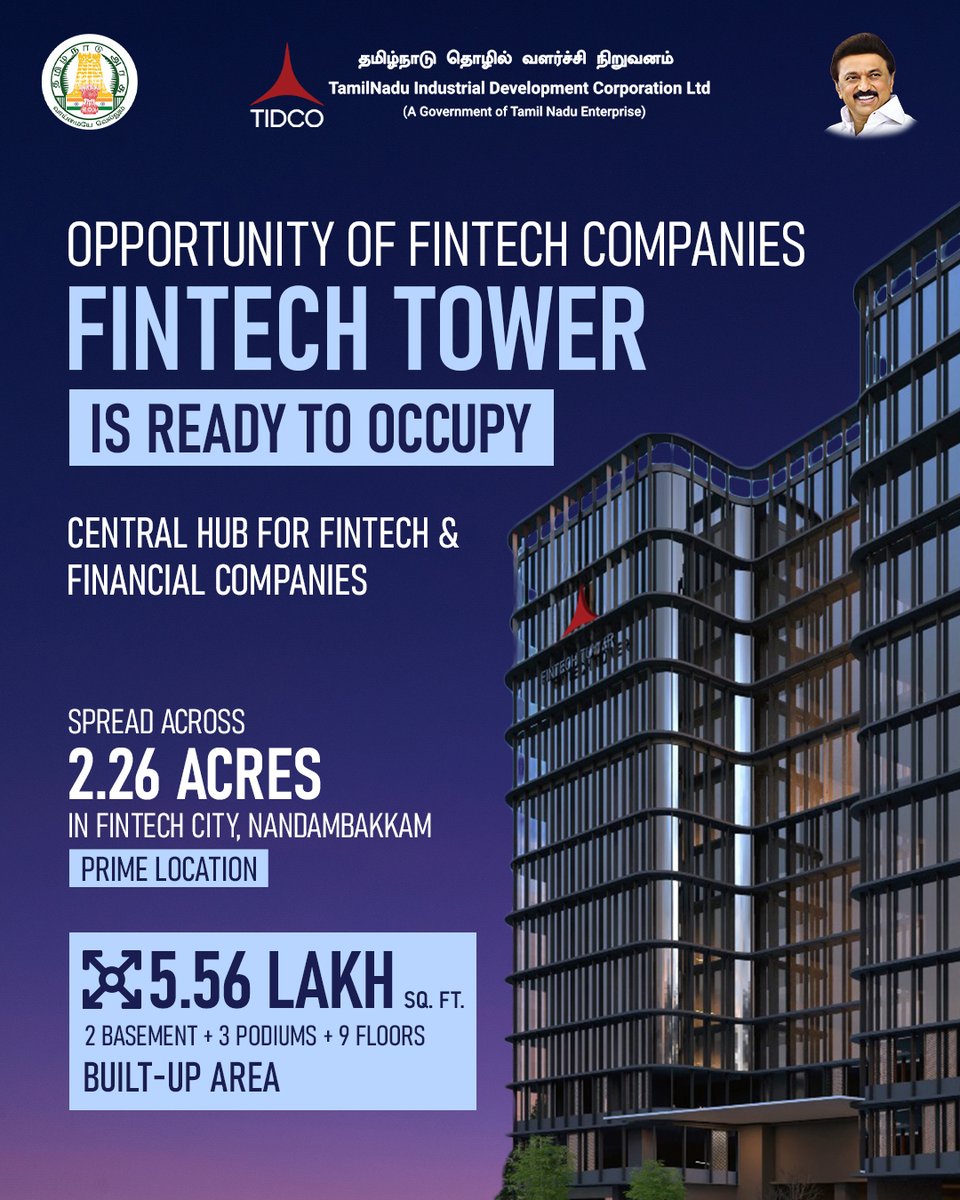 TIDCO_1965's tweet image. Revolutionizing the Financial Landscape: The Fintech Tower is Ready! 

#TamilNadu is cementing its position as a global Fintech leader. TIDCO is proud to present the Fintech Tower at #Fintech City, #Nandambakkam a state-of-the-art hub designed for the future of finance.