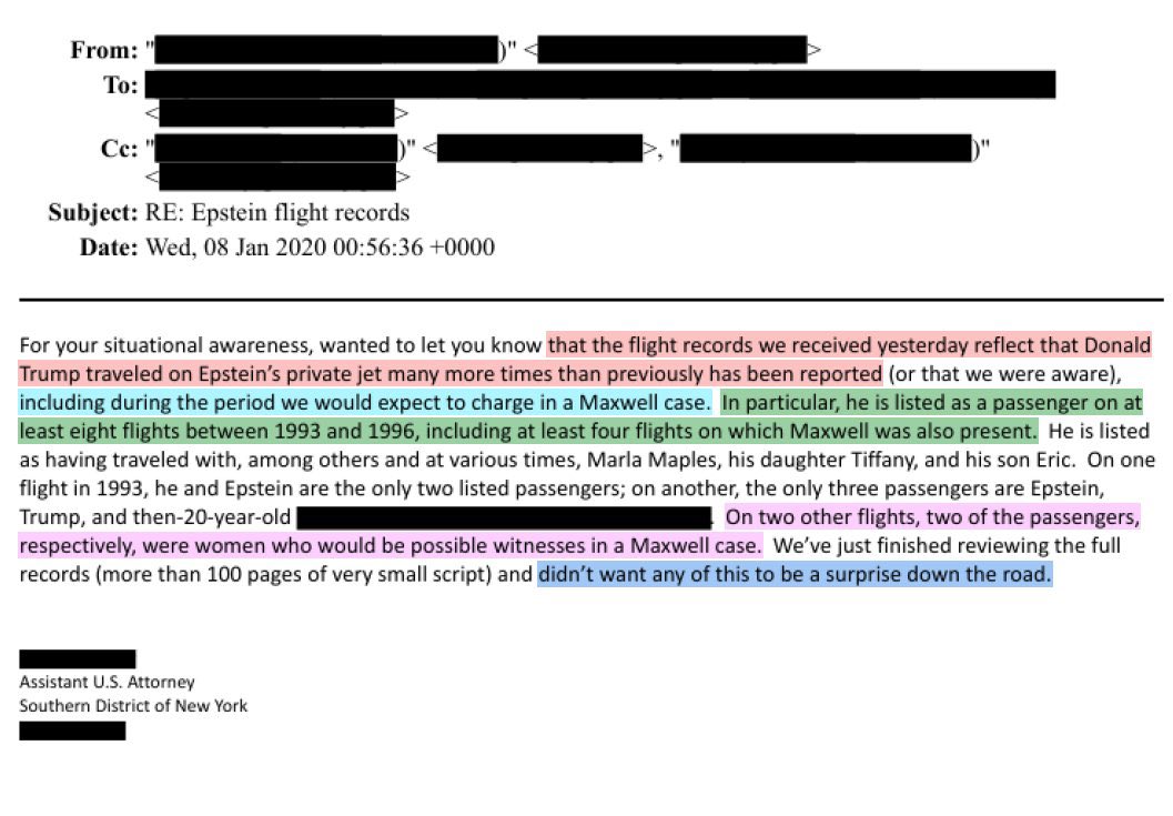 BREAKING: More Epstein files have been released.

In a January 2020 internal email, an assistant U.S. attorney in the Southern District of New York wrote that flight records showed “Donald Trump traveled on Epstein’s private jet many more times than previously has been reported