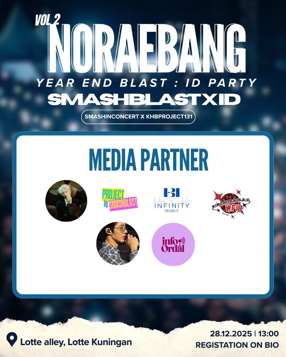binfinity131's tweet image. 🎤 NORAEBANG VOL. 2
✨ YEAR END BLAST : ID PARTY ✨
Smashblast x ID

Buat akhir tahun kalian berbeda yuk! Kita seru-seruan bareng bersama teman-teman ID dan smashblast dengan nyanyi sepuasnya lagu-lagu B.I, SMASH, dan K-Pop popular lainnya 🎶🔥
Sing together, scream together, and…